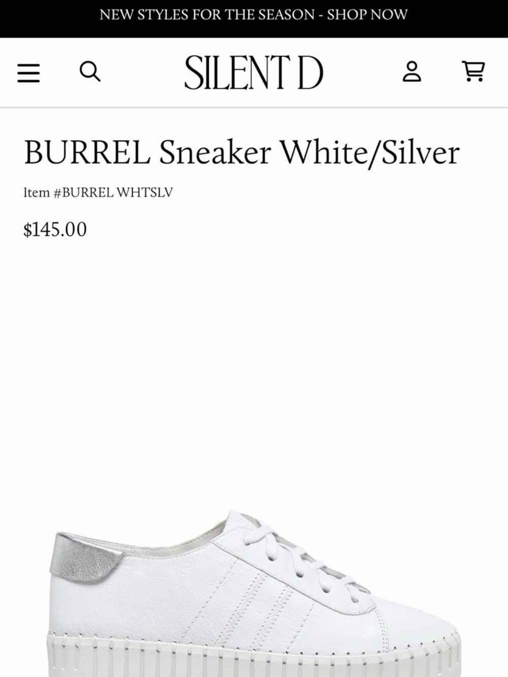 Silent D Burrel White Leather Platform Sneaker with Silver Heel Tab